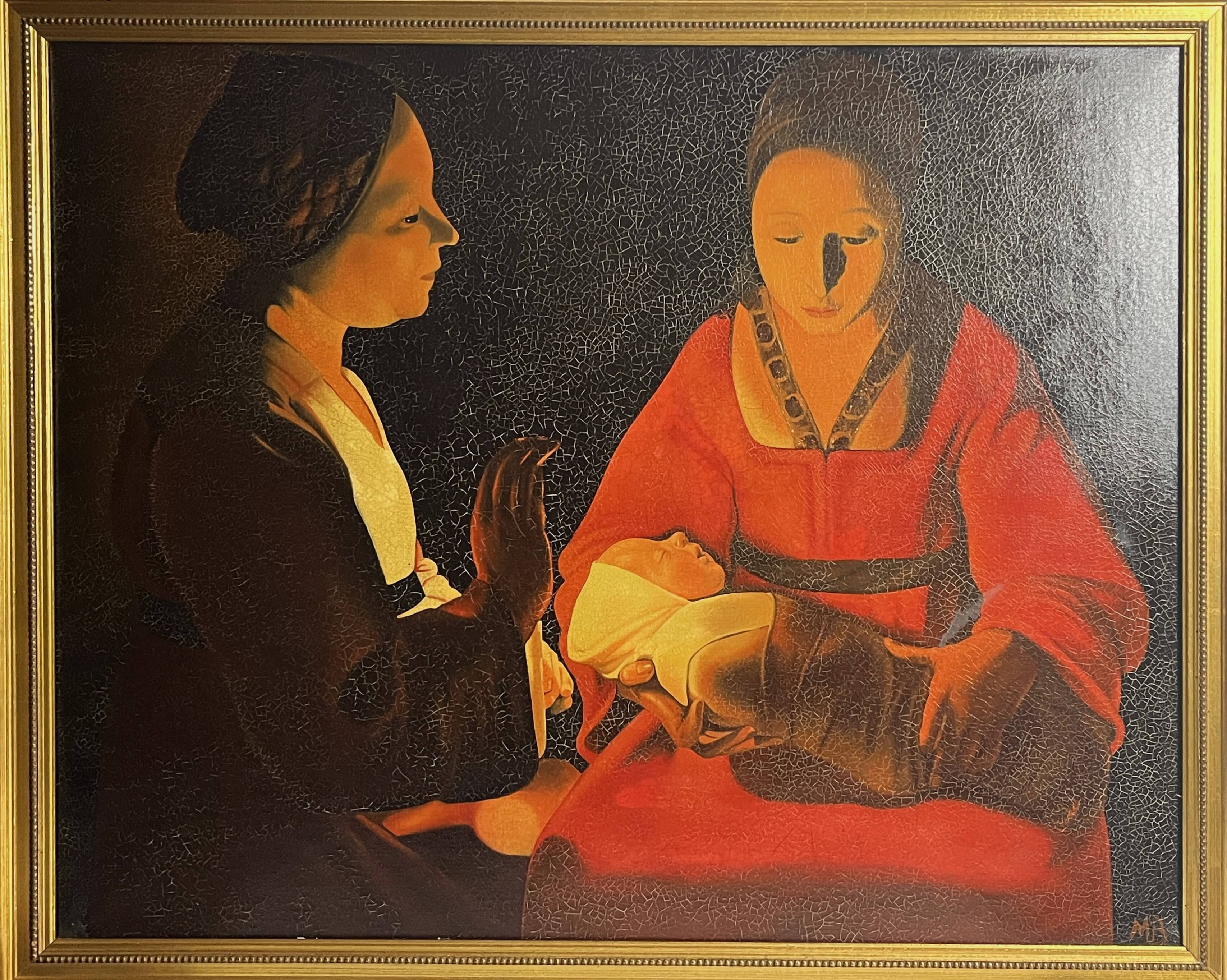 De la Tour, HST reproduction The Newborn gilded frame 20th century
