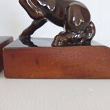 Pair of vintage leather & ceramic bookends