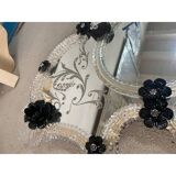 Venetian Black Floreal Hand-Carving Mirror in Murano Glass Style