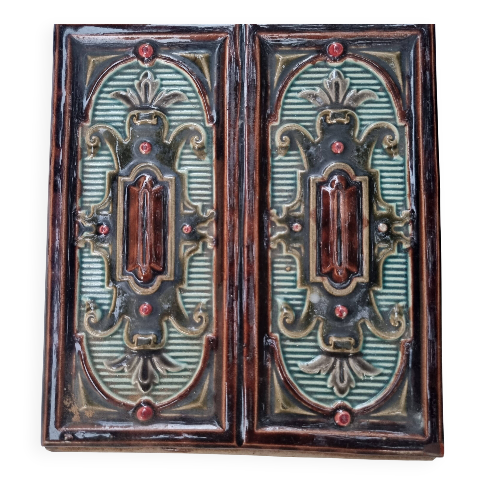 Antique Art Nouveau glazed earthenware tile from the 19th century