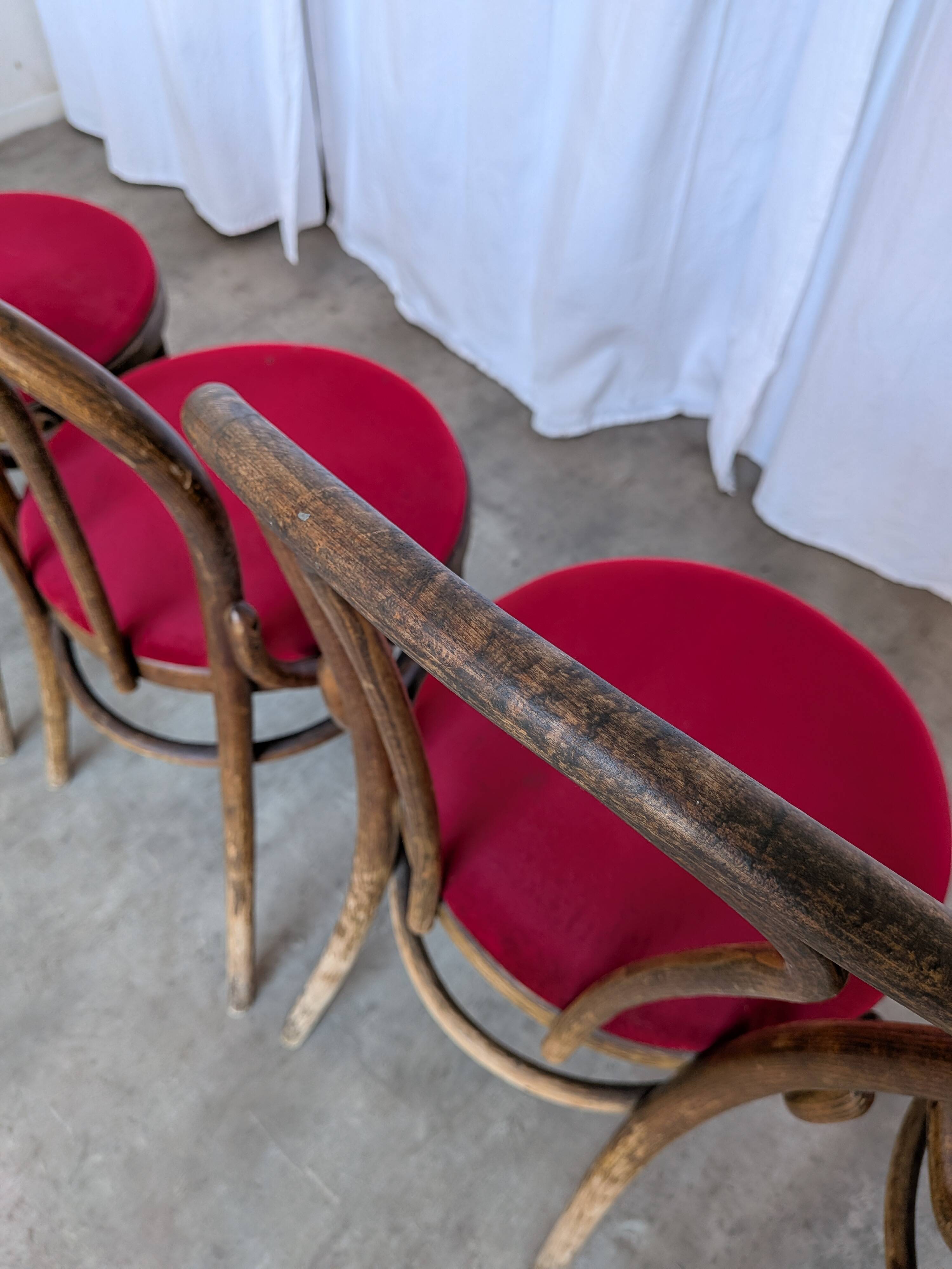 Set of 8 Vintage Bentwood Bistro Chairs: Red Upholstery