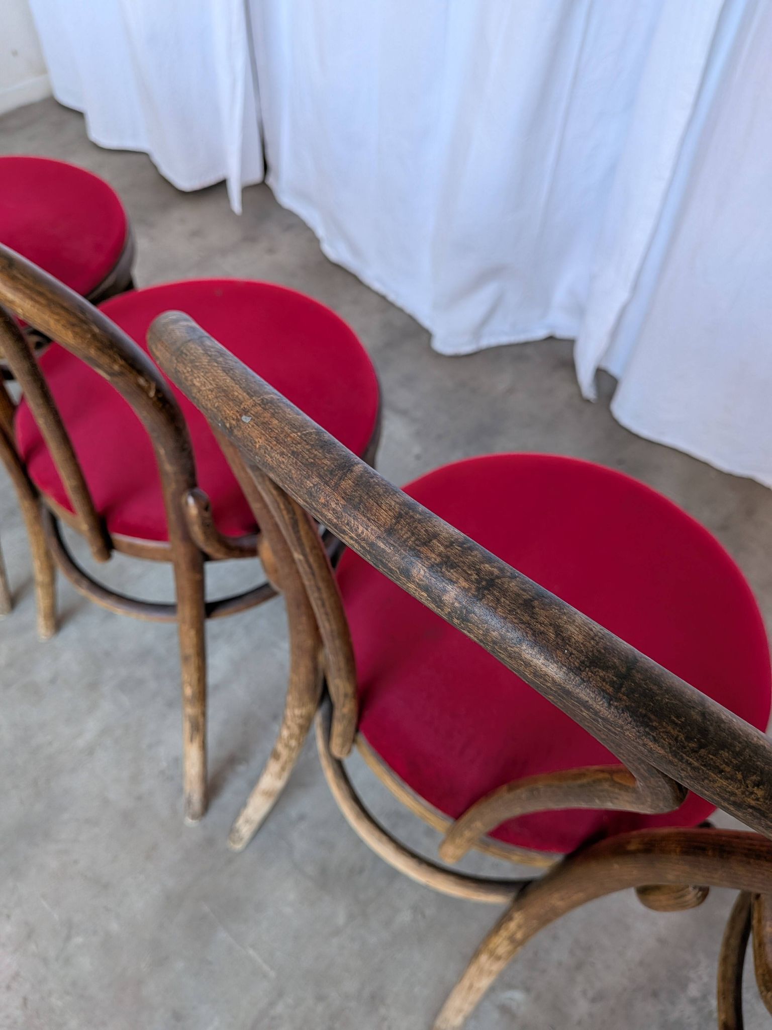Set of 8 Vintage Bentwood Bistro Chairs: Red Upholstery