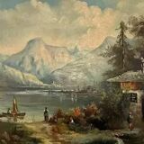 Painting fixed under glass depicting a lake view with the Alps in the background (B)