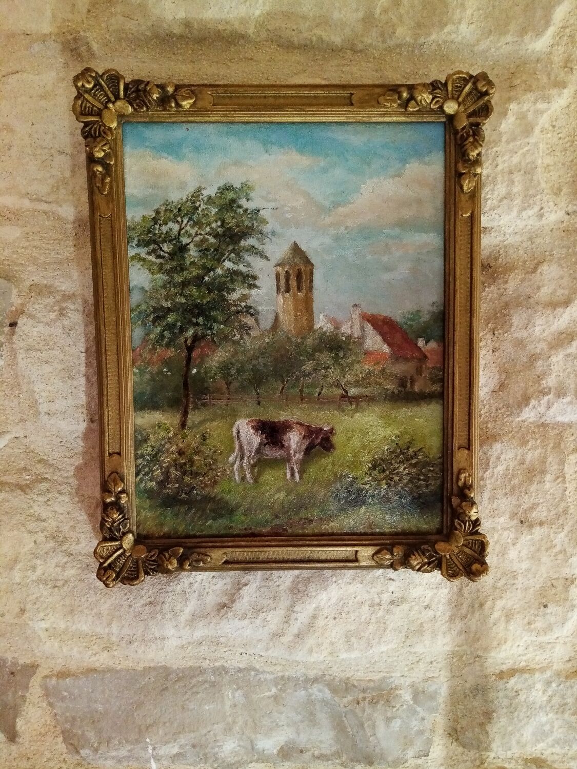 Oil painting on panel cow grazing