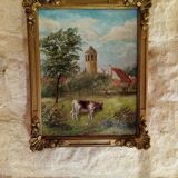 Oil painting on panel cow grazing