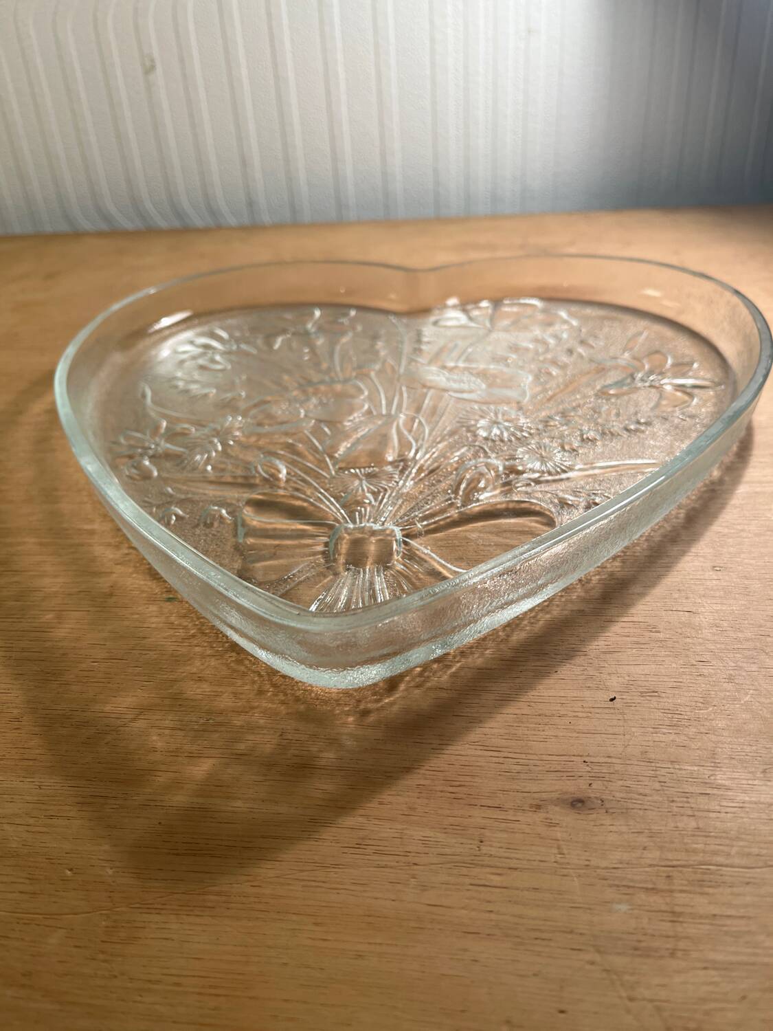 Vintage etched glass heart shaped dish with floral pattern