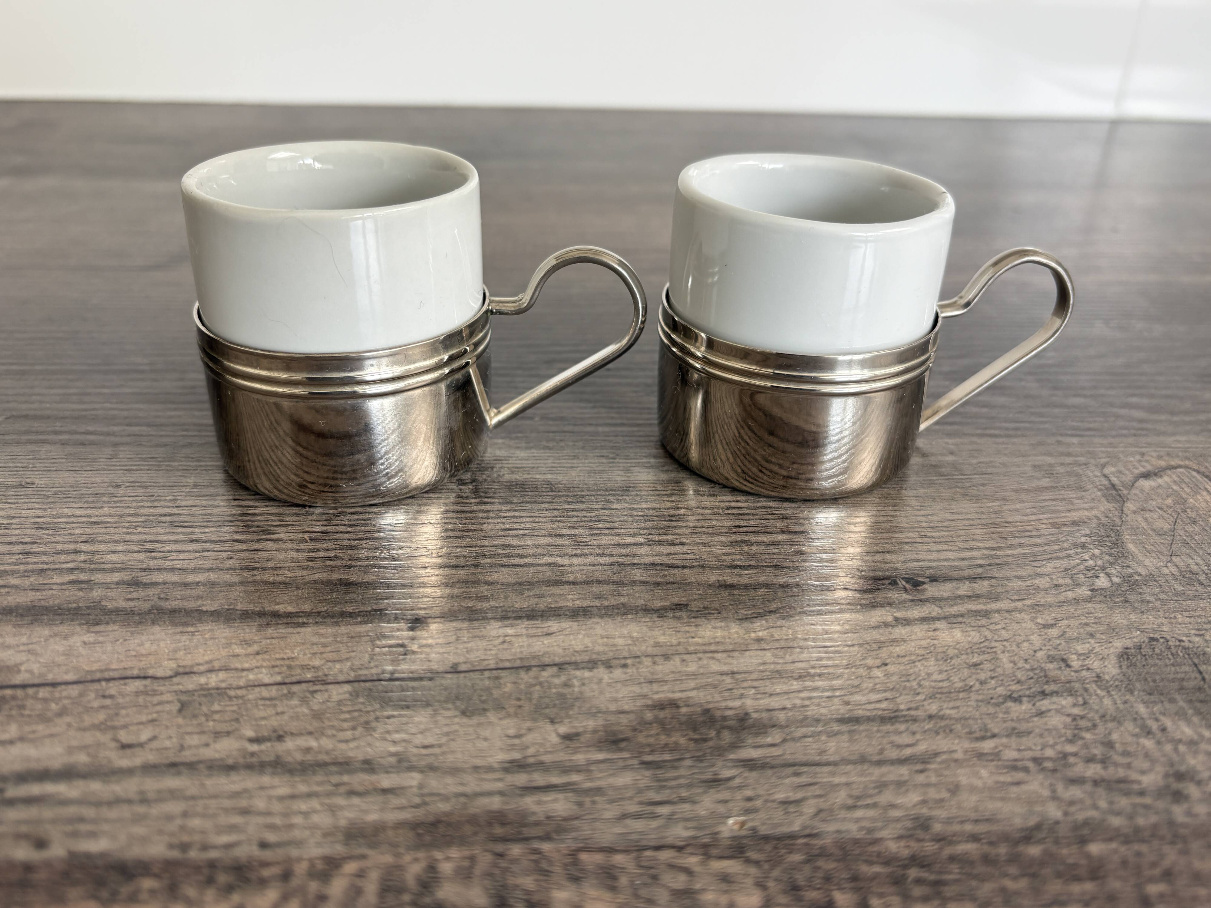 Set of 2 vintage porcelain cups with silver metal stand