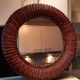 Round mirror in woven rattan, 1970s