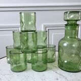 Set of decanter and 9 green glasses in bubbled glass 70s