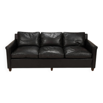 Mid-century black leather Scandinavian 3-seater sofa, 1950s