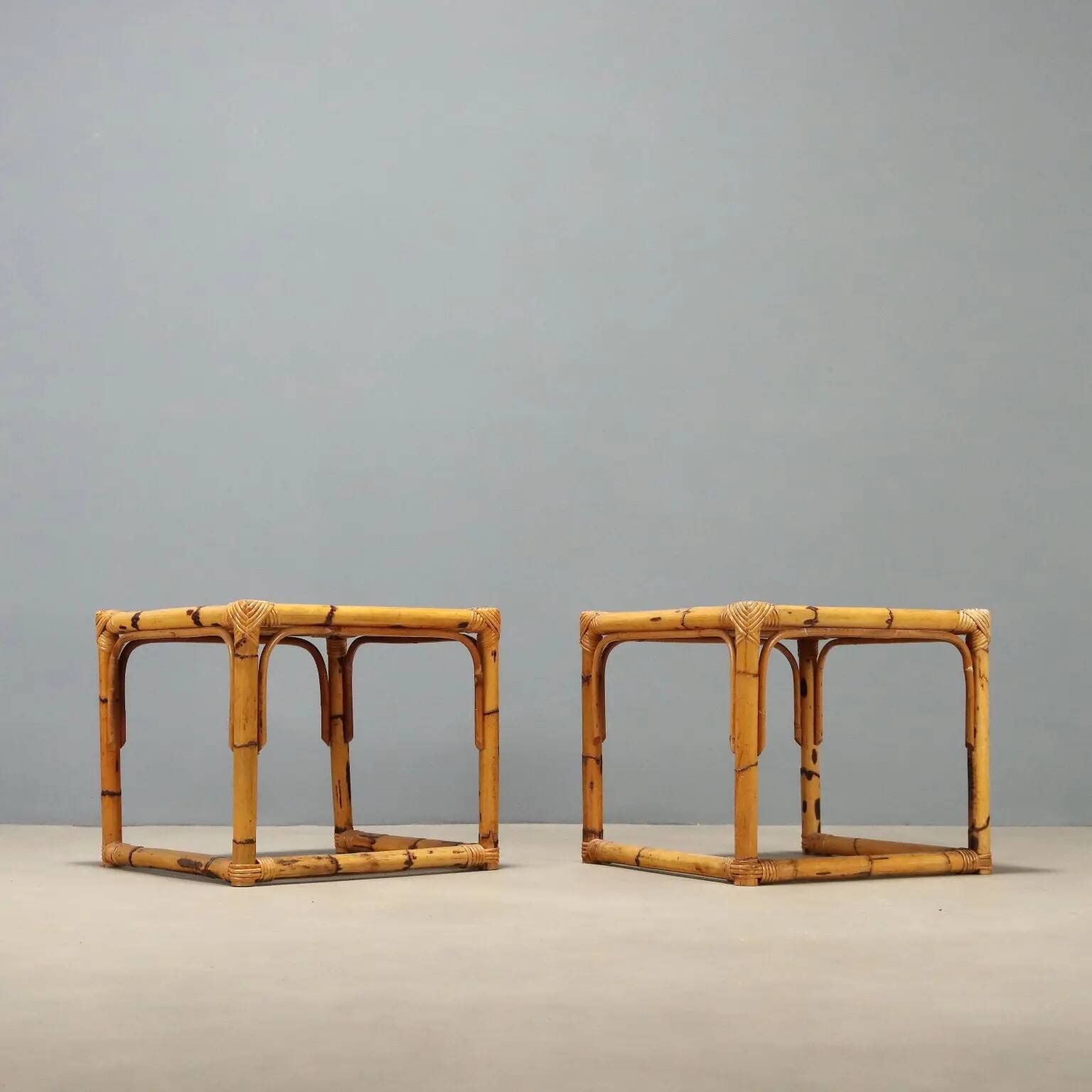 Vintage coffee tables in walnut and bamboo, Italian design 1970s-1980s.