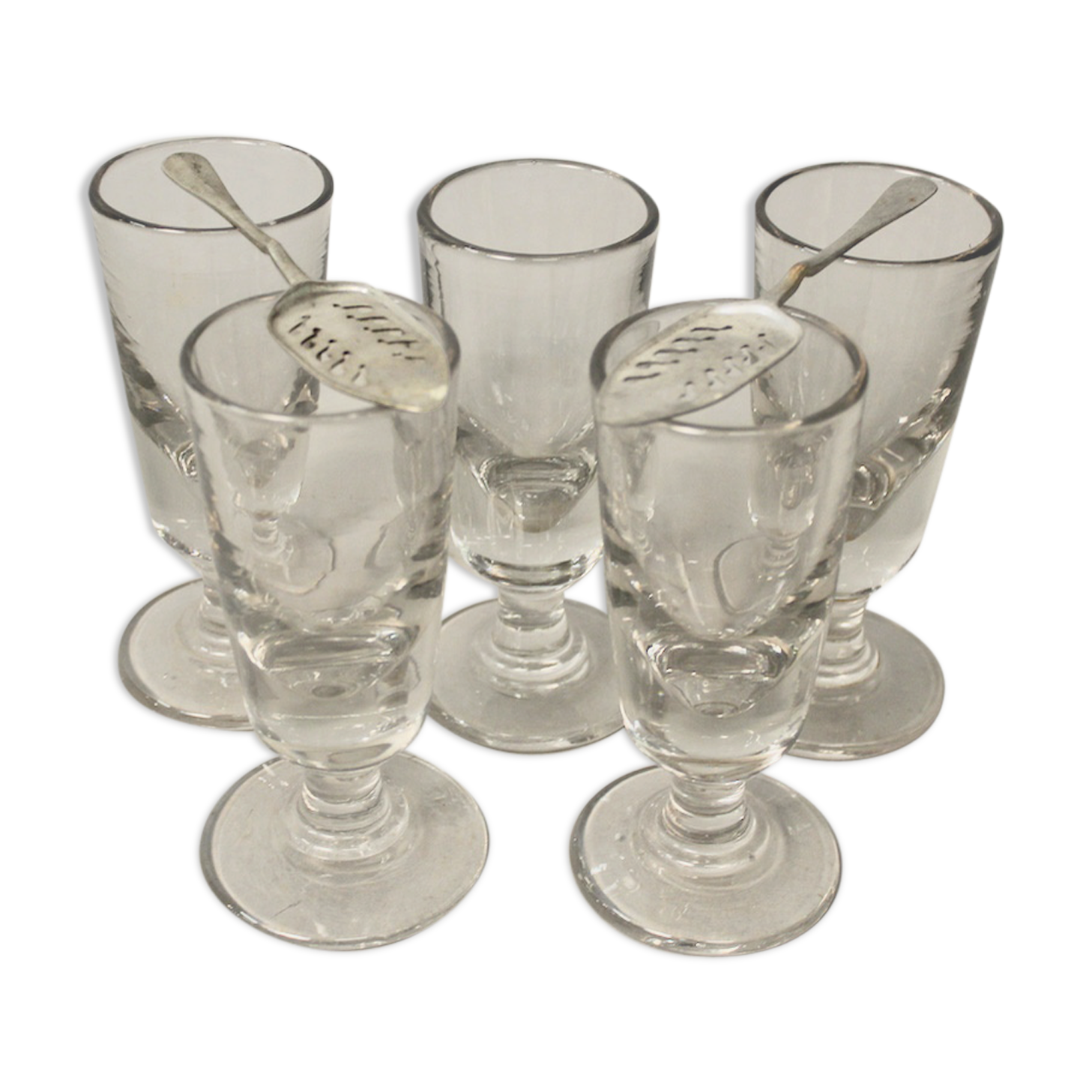 Set Of 5 Glasses with Old Absinthe And 2 Spoons with Absinthe