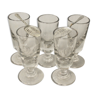 Set Of 5 Glasses with Old Absinthe And 2 Spoons with Absinthe