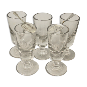 Lot De 5 Verres à Absinthe Ancien Et 2 Cuillères à Absinthe