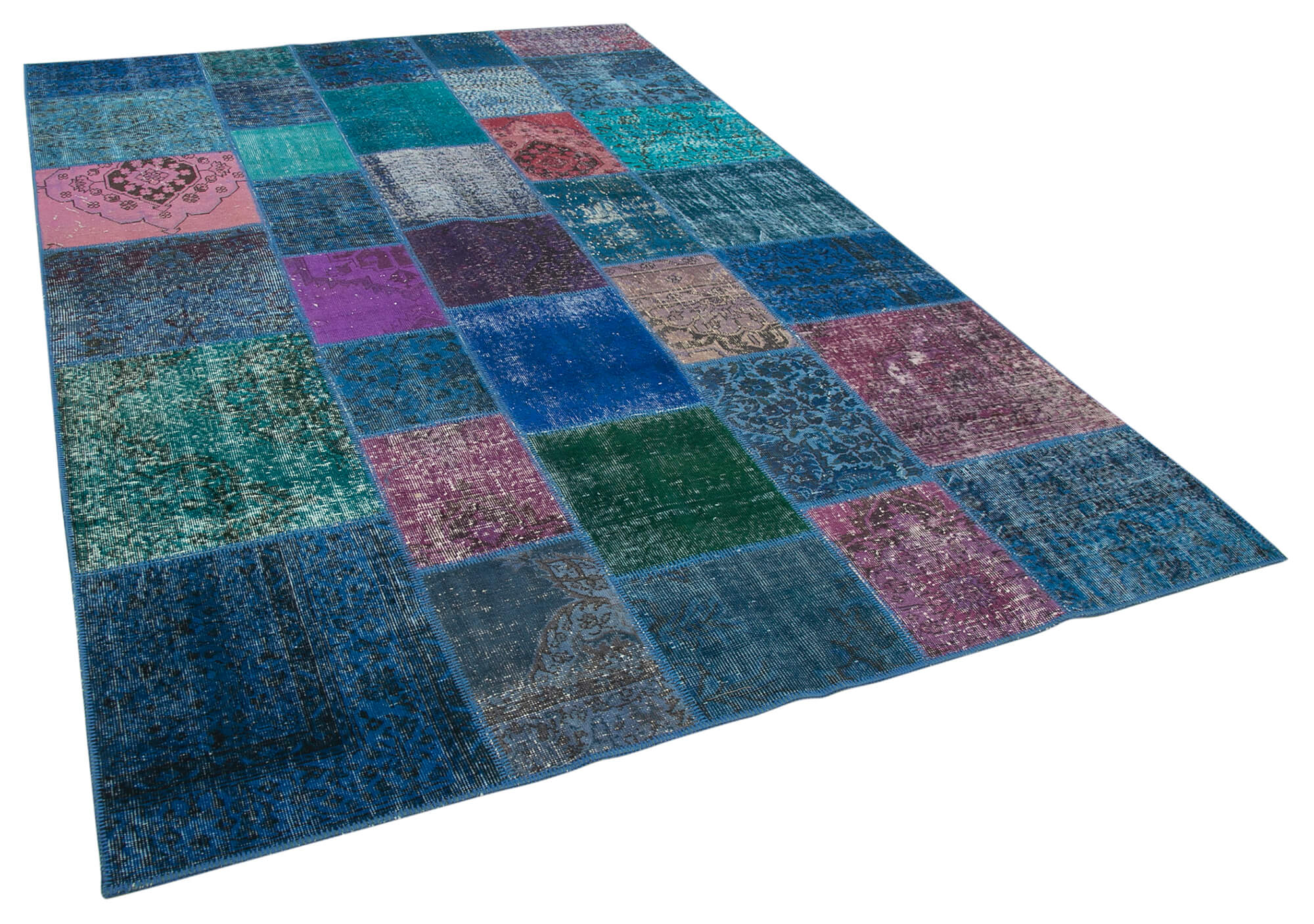 Handwoven anatolian contemporary 204 cm x 300 cm blue patchwork carpet