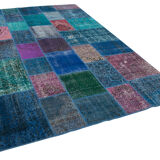 Handwoven anatolian contemporary 204 cm x 300 cm blue patchwork carpet