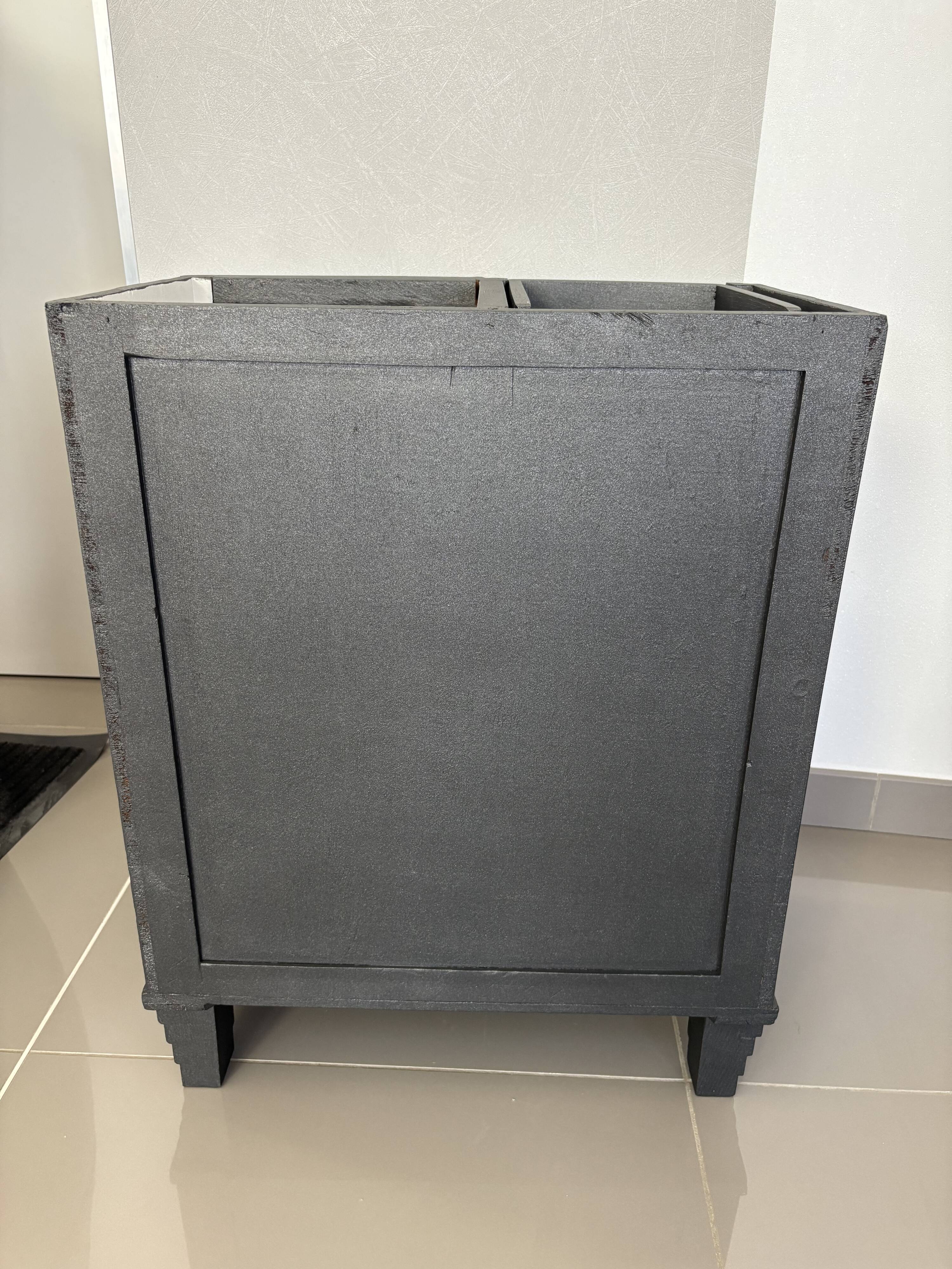 Storage unit, vintage bedside table painted black with a black marble top