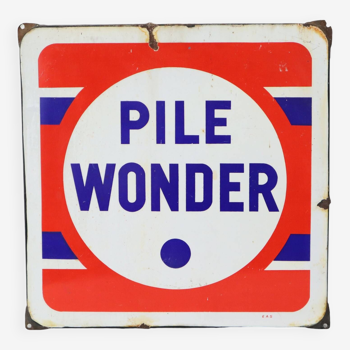 French Enamel Advertising Sign Pile Wonder 1950s Mancave 43cm