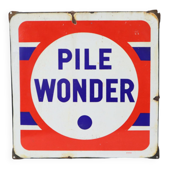 French Enamel Advertising Sign Pile Wonder 1950s Mancave 43cm