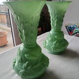 Set of 2 light green opaline glass vases SAINT LOUIS