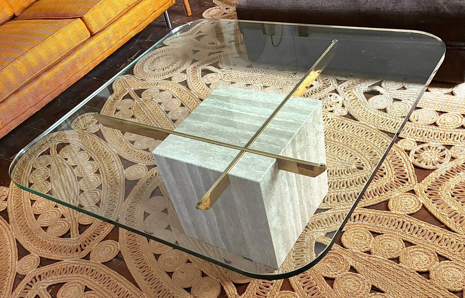 Artedi Italy 1970’s - coffee table brass,glass and travertin
