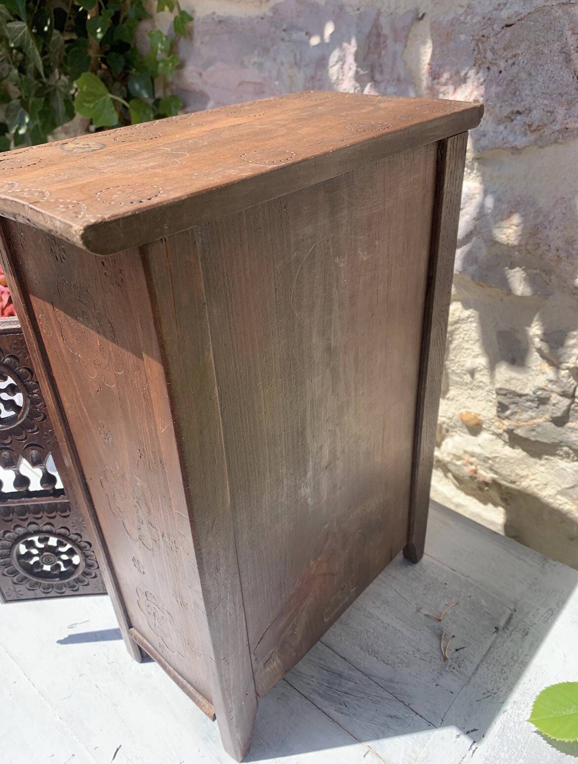 Miniature wooden wardrobe for dolls, hand-carved in Breton French style.