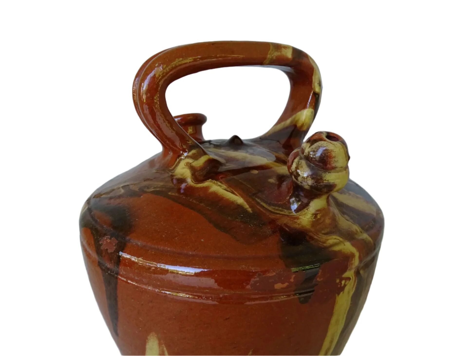 Gargoulette antique en poterie à glaçure jaspé, catalane