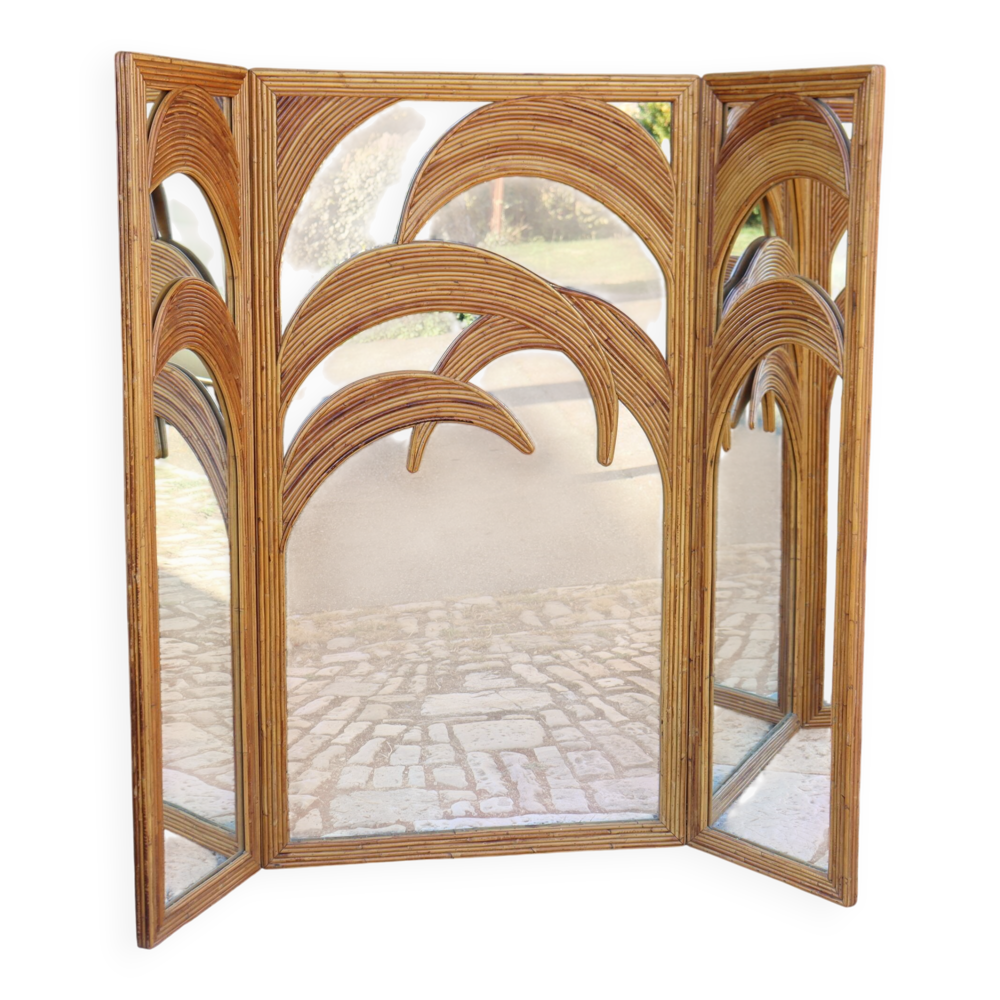 Bamboo Palm Mirror Screen by Vivaï Del Sud Italy 1970