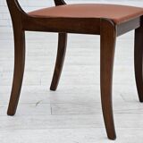 1970s, reupholstered set of 6 pcs Danish dining chairs, teak wood, camel brown leather.