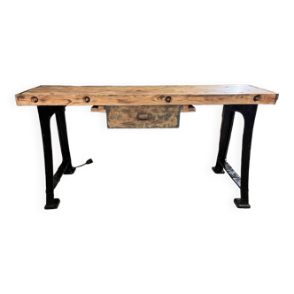 Old wood and cast iron workbench