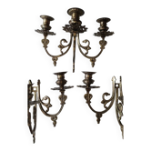 Lot 3 old wall lights with 3 lights. baroque/rocaille style, in bronze with golden patina
