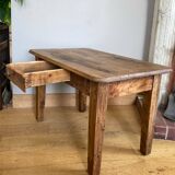 Old coffee table in solid oak and walnut from the 19th century, one belt drawer