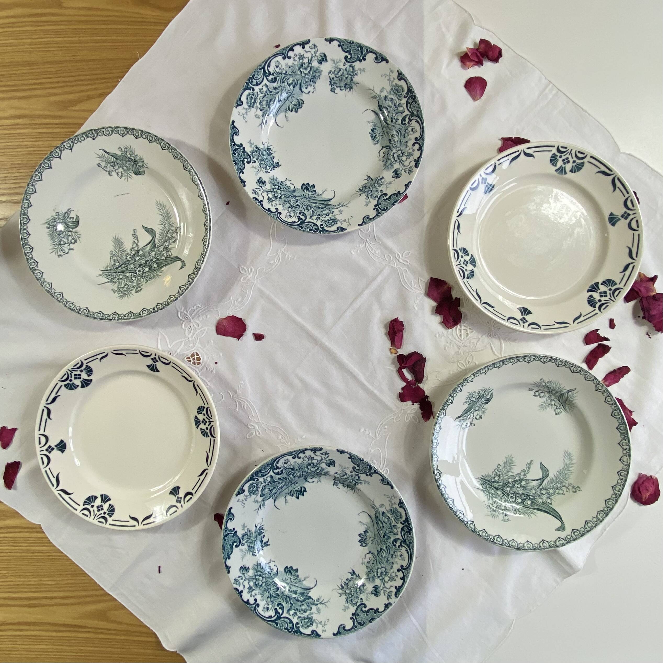 Set of 6 mismatched antique earthenware dinner plates