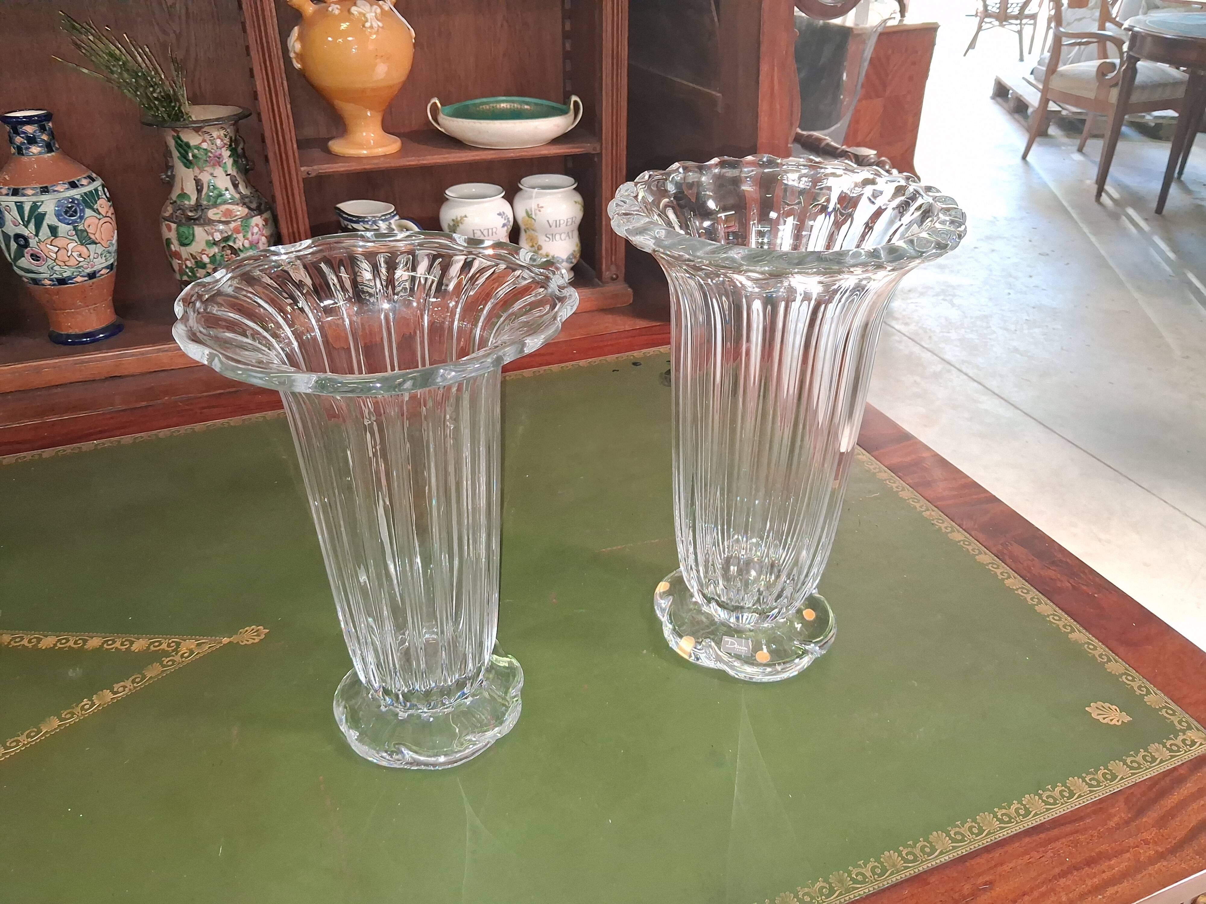 Pair of Daum France crystal cornets vases – Twisted ribbed model