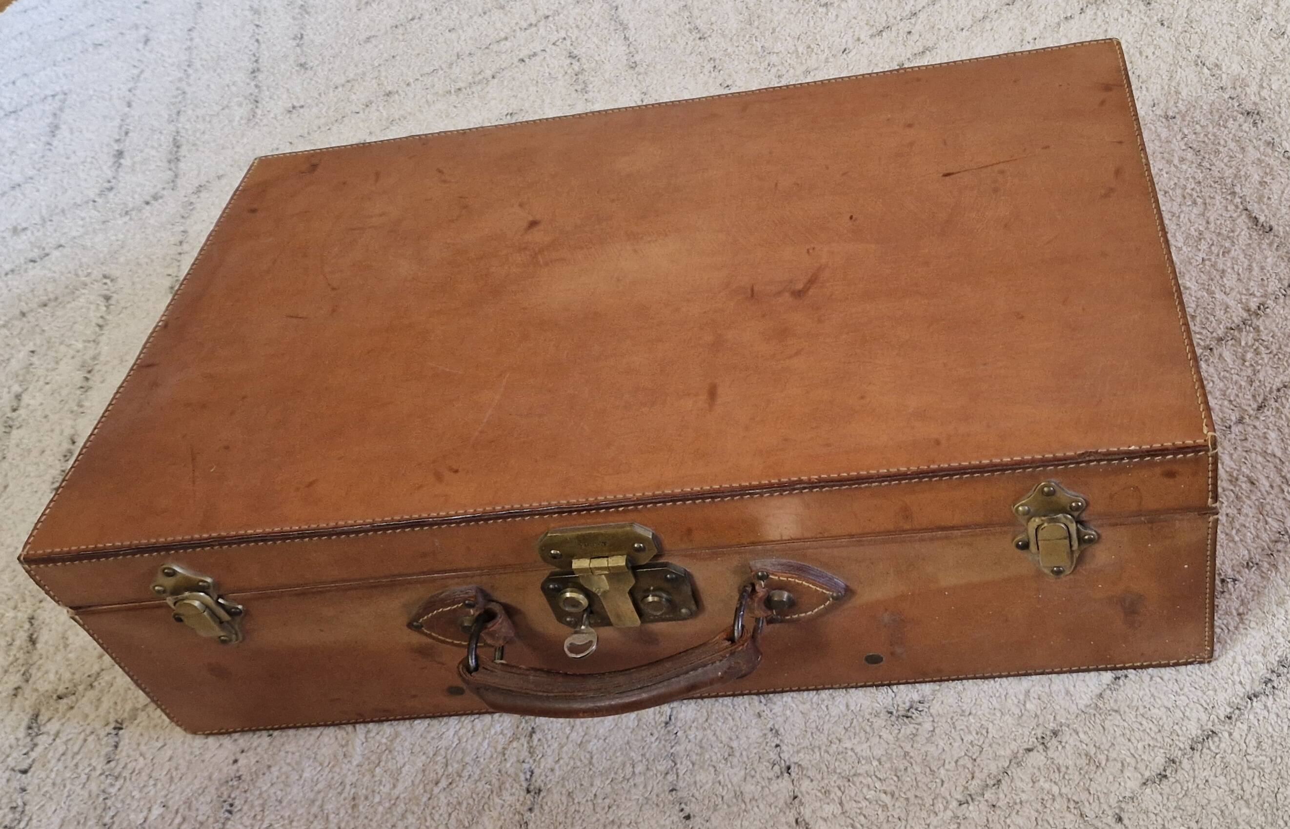 Antique leather and brass trunk/suitcase, high-end luggage circa 1930