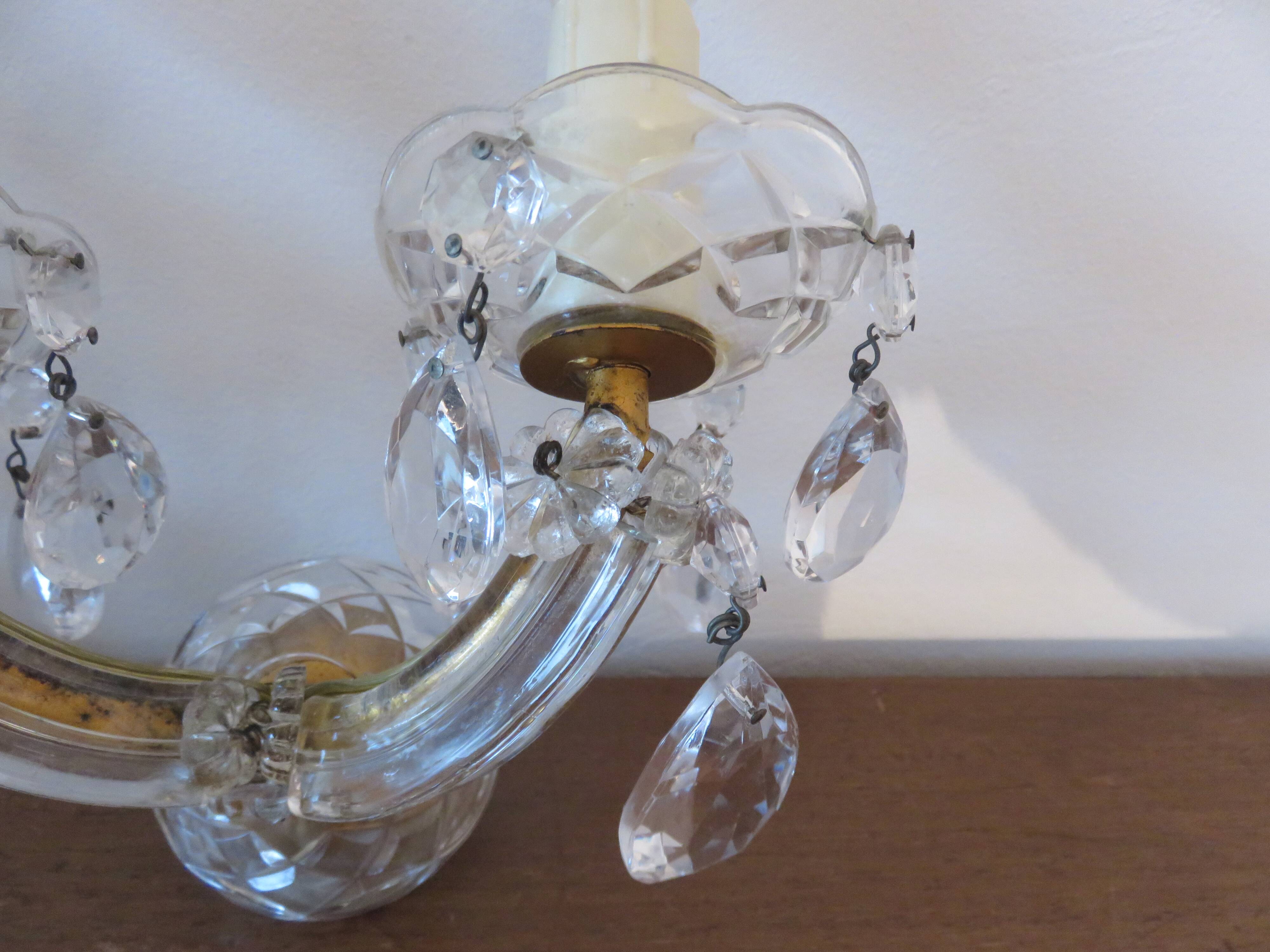 pair of double wall sconces with crystal pendants, made in Italy