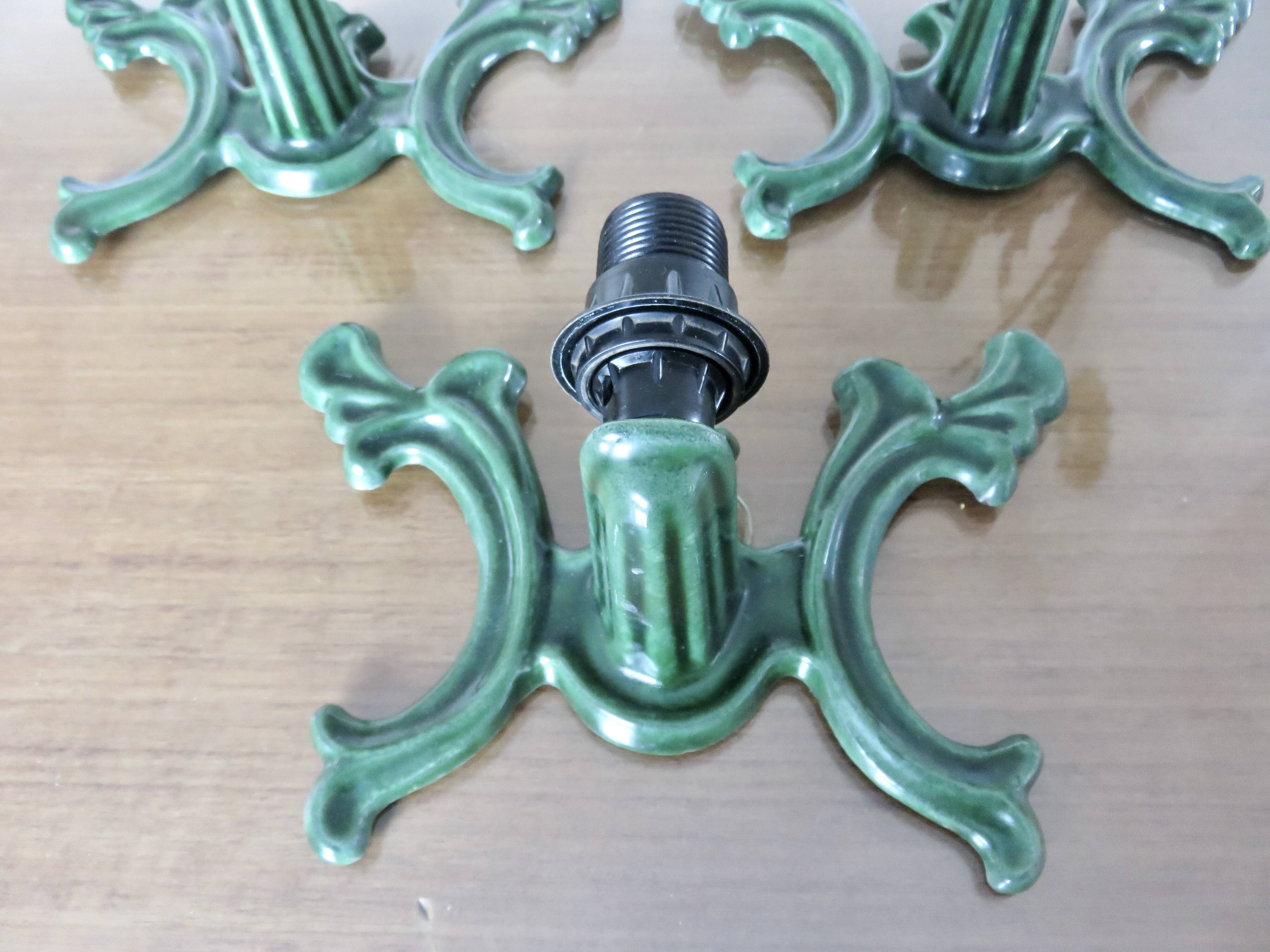 Series of 3 green enameled cast iron wall lights from the 30s and 40s