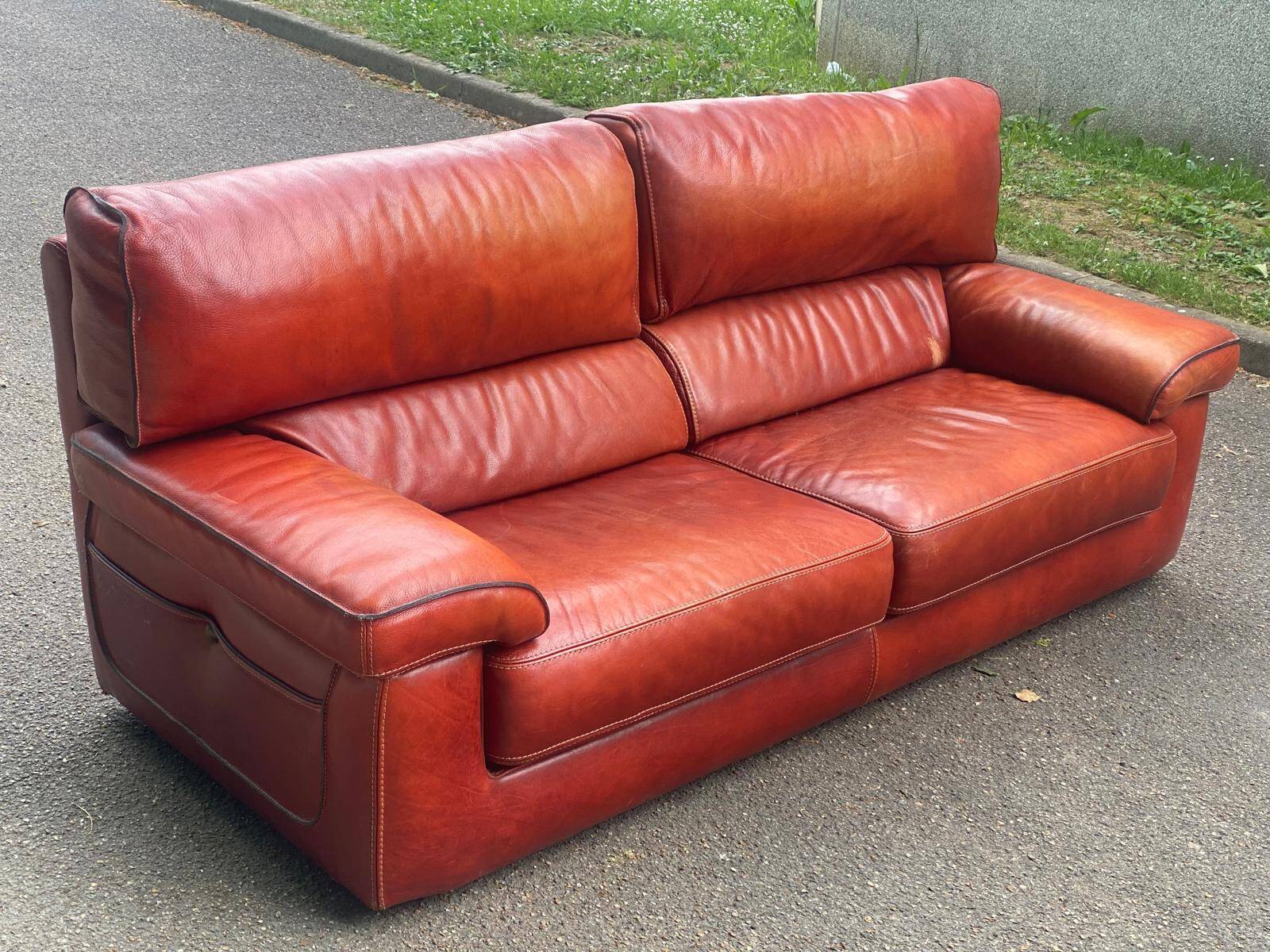 3-seater burgundy leather sofa convertible into a 2-seater bed 1940