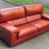 3-seater burgundy leather sofa convertible into a 2-seater bed 1940