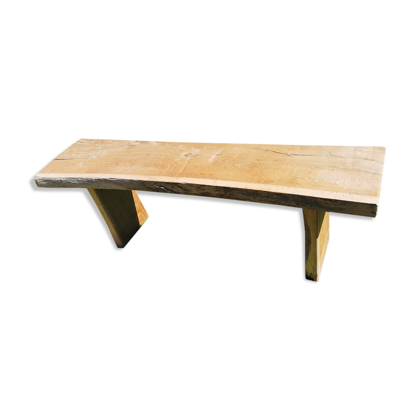 Old brutalist art bench, in natural raw oak