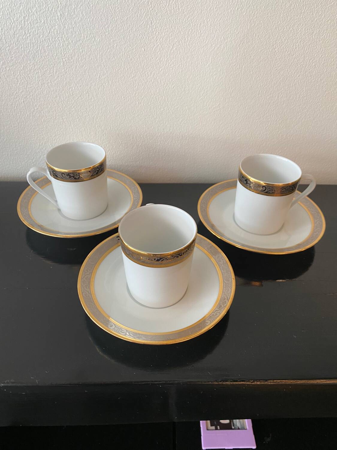 Trio of Limoges Sologne Porcelain Cups and Saucers