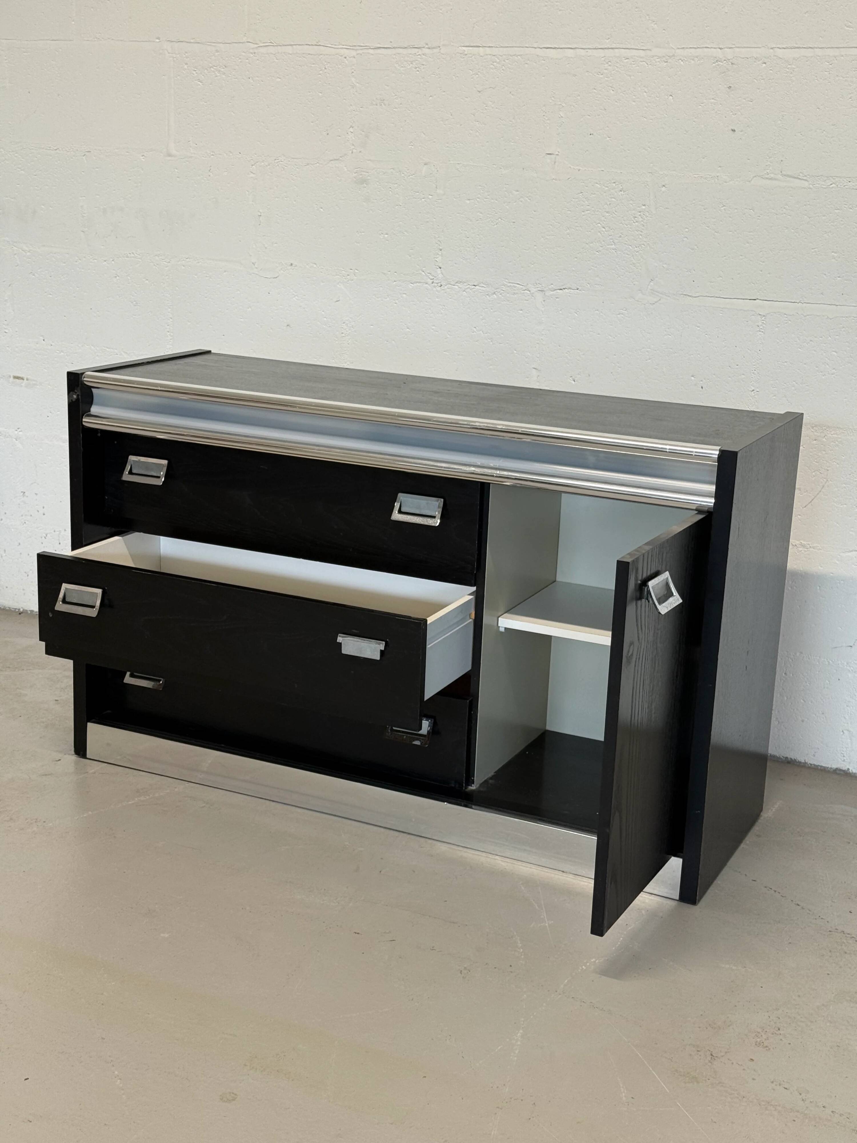 Vintage black lacquered and chrome sideboard | Italian Space Age sideboard from the 1970s