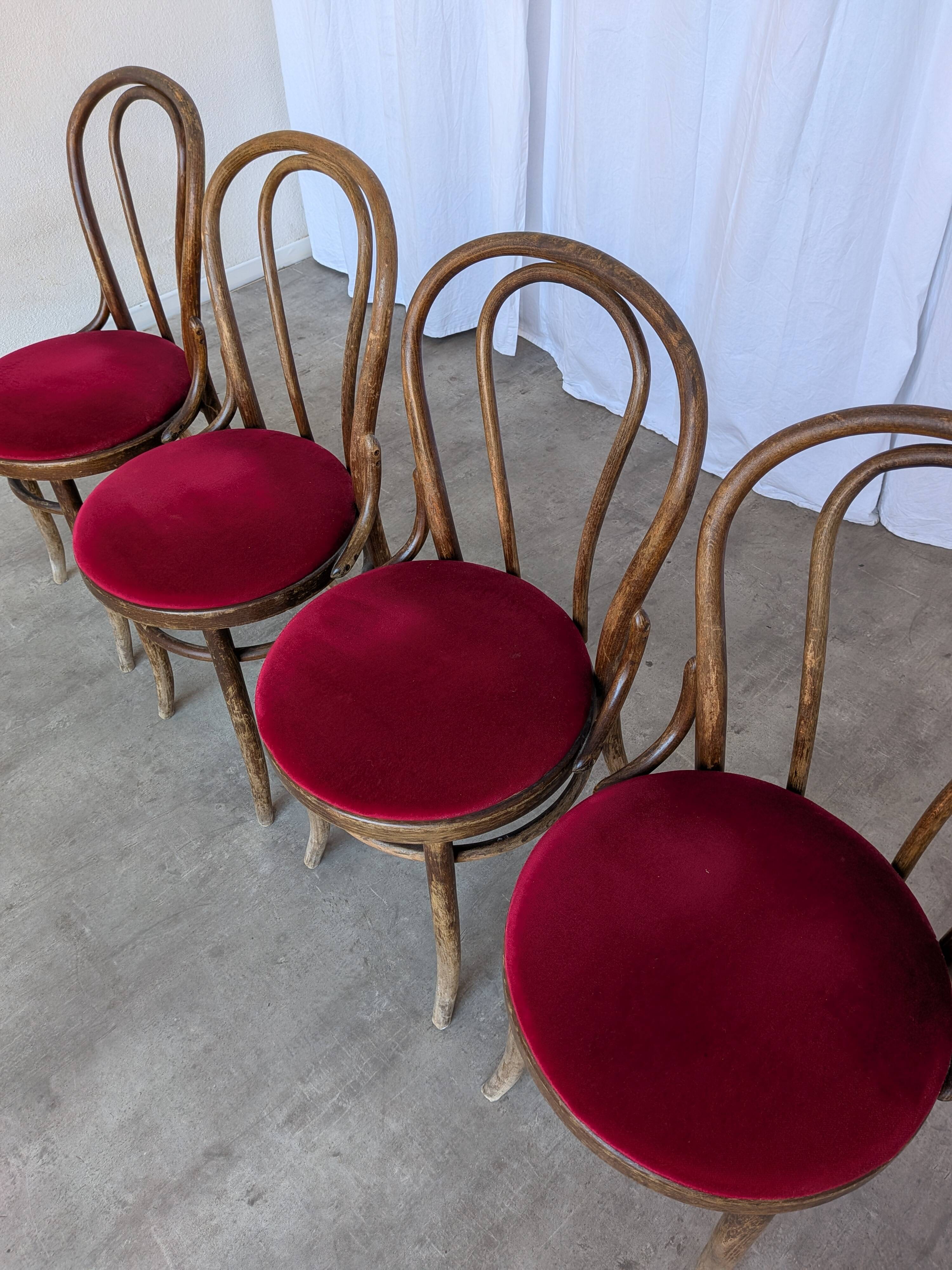 Set of 4 Vintage Bentwood Bistro Chairs, Red Upholstery