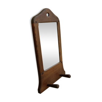 Mirror and wall coat rack with 2 hooks in solid wood, 60s