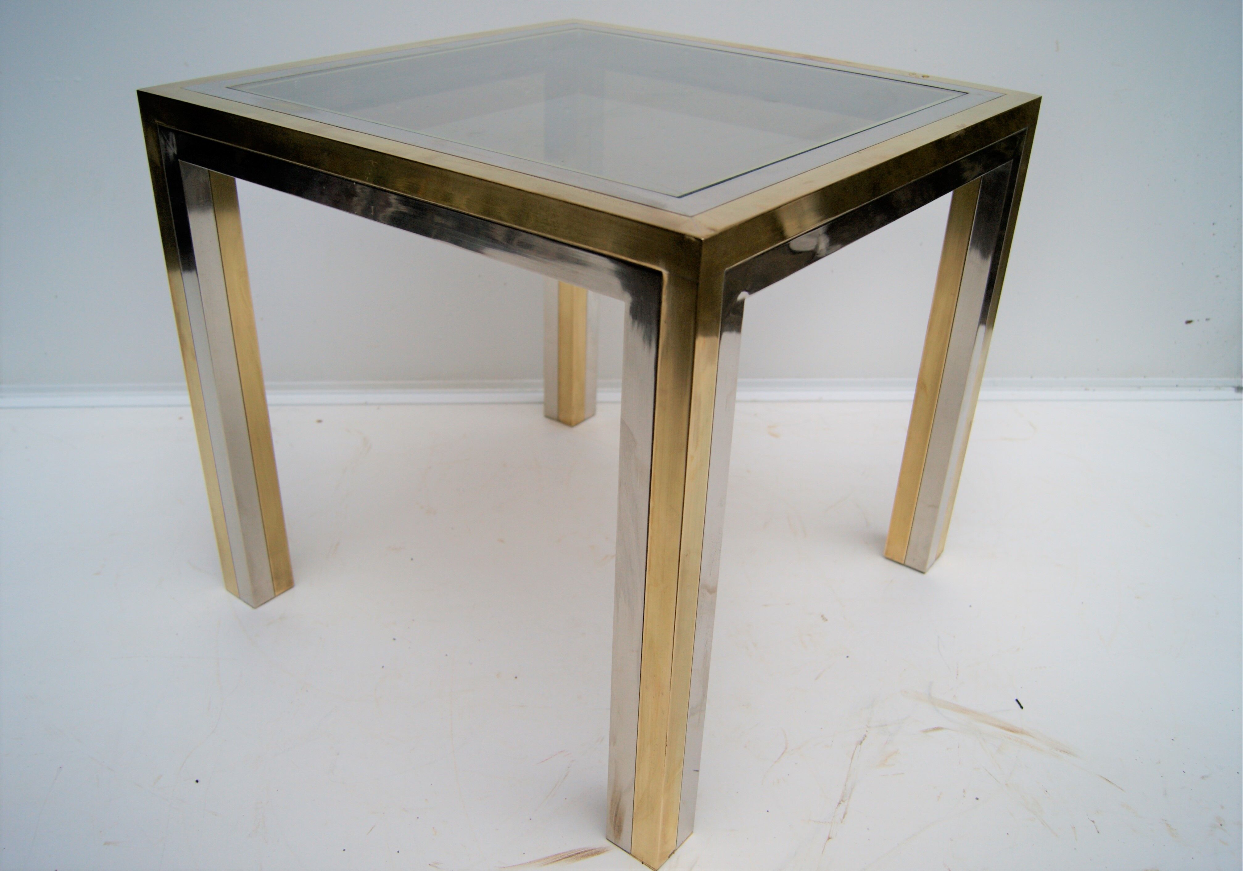 Piece of sofa coffee table brass chrome, brass. 2 glass trays. Italy 1970's