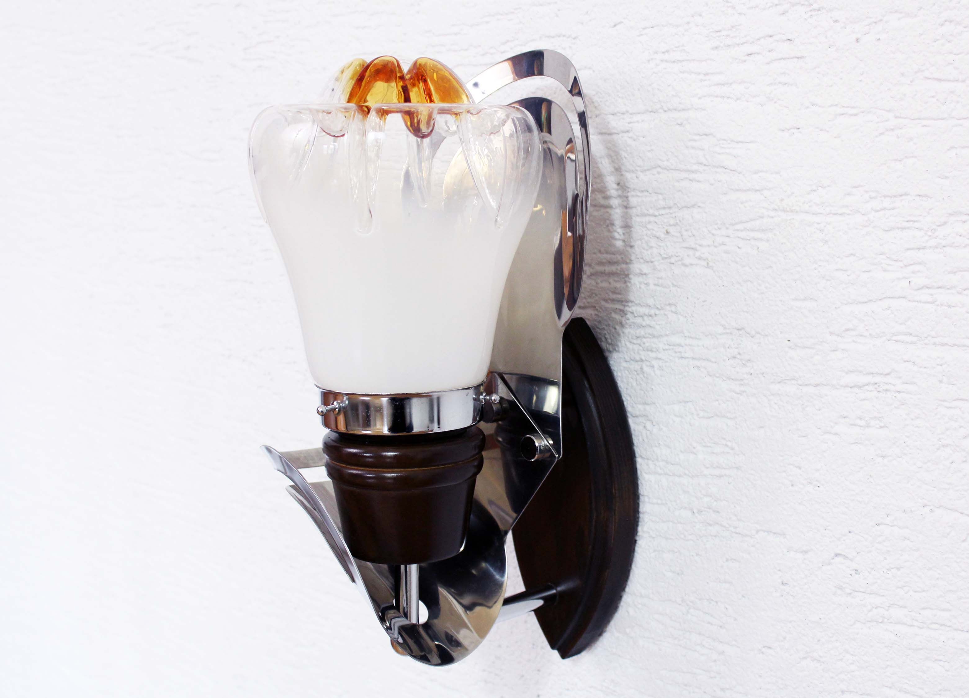 Pair of opal glass and solid wood wall lamps