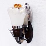 Pair of opal glass and solid wood wall lamps