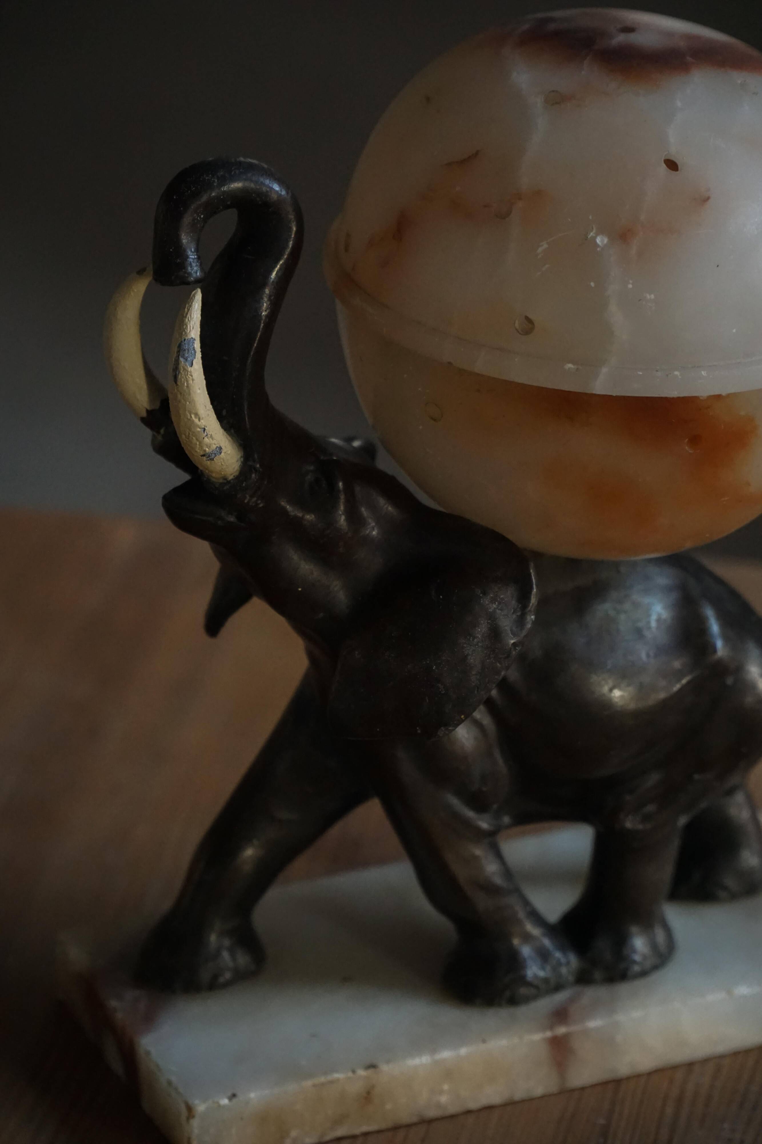 Art Deco Table Lamp, Elephant with Alabaster Globe, Early 20th Century, 1930s