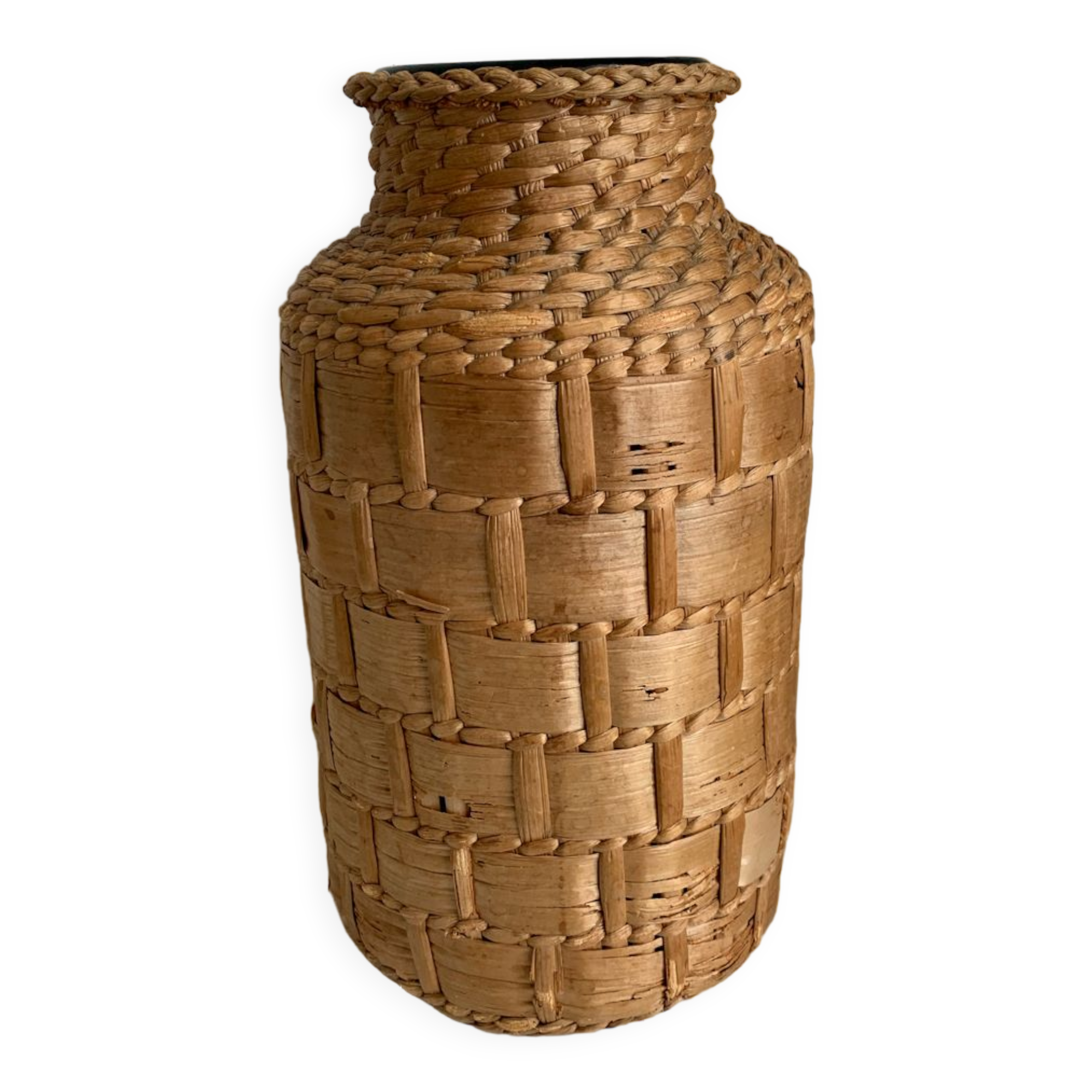Green glass jar with wickerwork