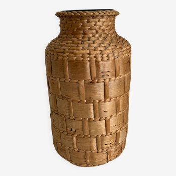 Green glass jar with basketry